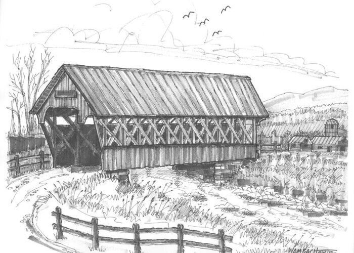 Covered Bridge Greeting Card featuring the drawing Covered Bridge Coventry Vermont by Richard Wambach