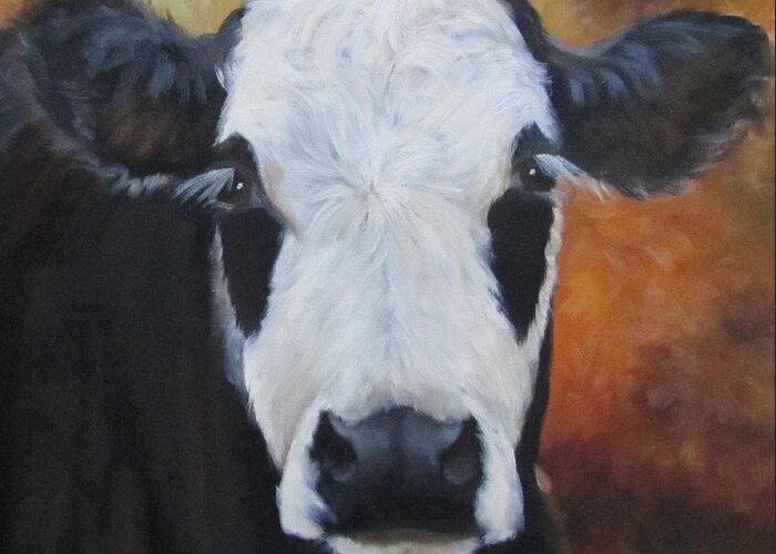 Black And White Greeting Card featuring the painting Cow Painting - Tess by Cheri Wollenberg