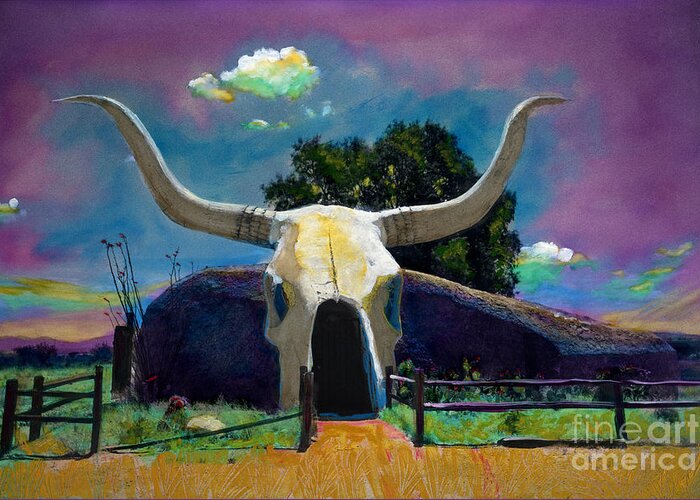 Longhorns Greeting Card featuring the painting Cow Palace v8 by Cindy McIntyre