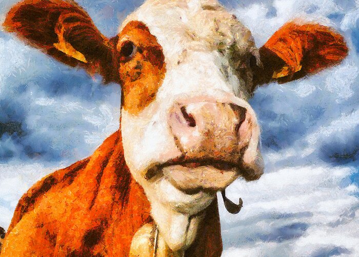 Cow Greeting Card featuring the digital art Cow portrait painting by Matthias Hauser