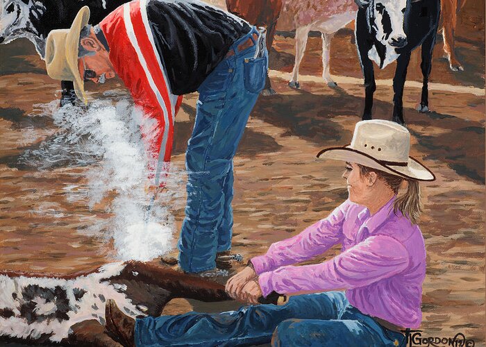 Cowgirl Greeting Card featuring the painting Cowgirls Do It Too by Timithy L Gordon