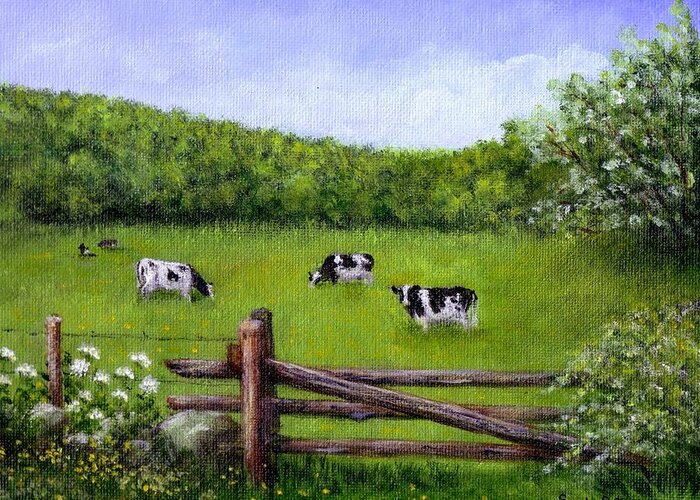 Cows Greeting Card featuring the painting Cows In The Pasture by Sandra Estes