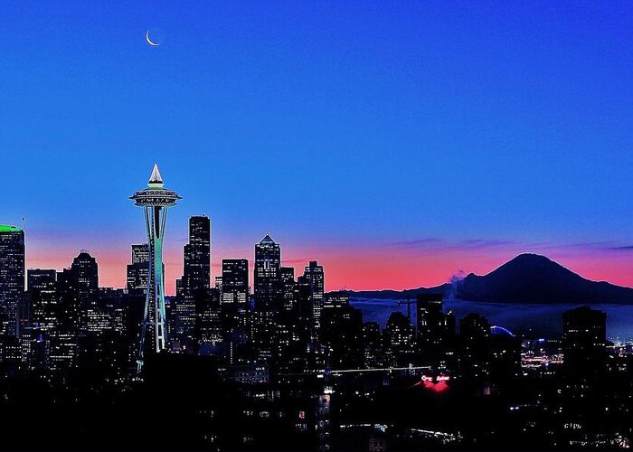 Seattle Greeting Card featuring the photograph Crescent Moon Over Seattle by Benjamin Yeager