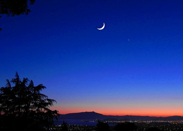  Greeting Card featuring the pyrography Crescent Moon San Francisco Bay by Diane Lynn Hix