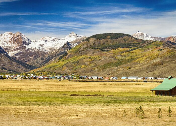 Autumn Greeting Card featuring the photograph Crested Butte City Colorado Panorama View by James BO Insogna