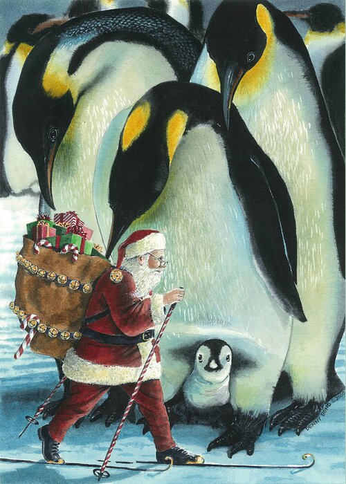Santa Greeting Card featuring the painting Cross Country Encounter by Denny Bond