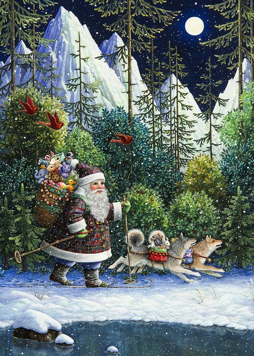 Santa Claus Greeting Card featuring the painting Cross-Country Santa by Lynn Bywaters