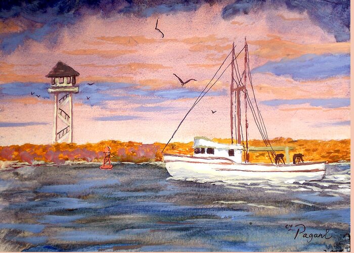 Fishing Boat Greeting Card featuring the painting Crossing The Tillamook Bay Bar by Chriss Pagani