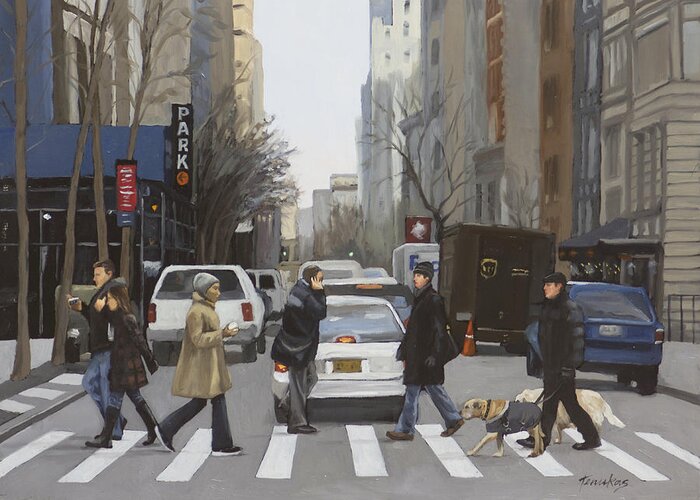 Street Greeting Card featuring the painting Crosswalk by Linda Tenukas