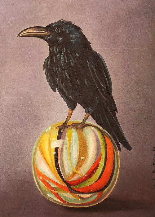Crow Greeting Card featuring the painting Crow On Marble by Leah Saulnier The Painting Maniac