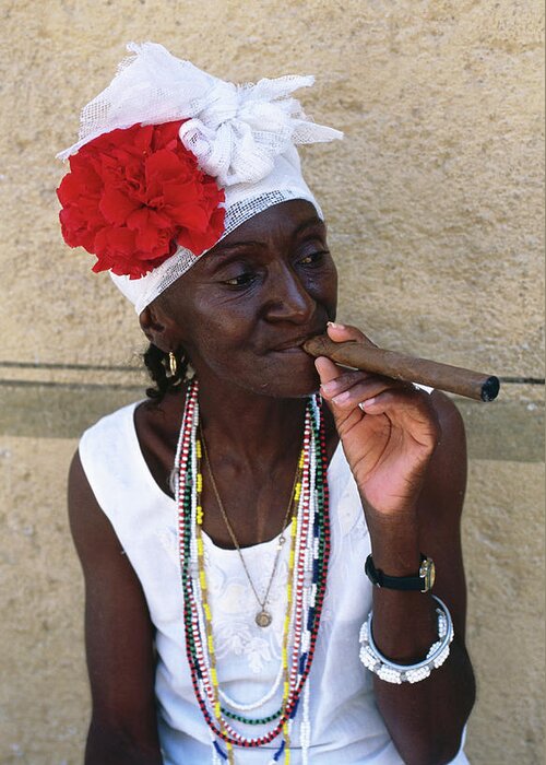 Smoking Greeting Card featuring the photograph Cuban Woman Smoking Cigar, Plaza De by Dallas Stribley