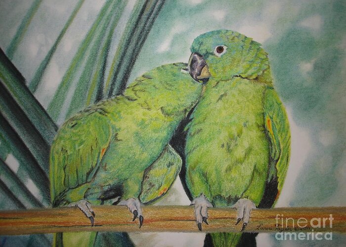 Parrots Greeting Card featuring the painting Cuddles by Laurianna Taylor