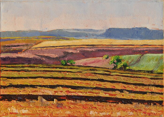 Cultivated Fields Near Ficksburg South Africa With Flat Topped Mountains In The Distance. Greeting Card featuring the painting Cultivated Fields near Ficksburg South Africa Bertram Poole by Thomas Bertram POOLE