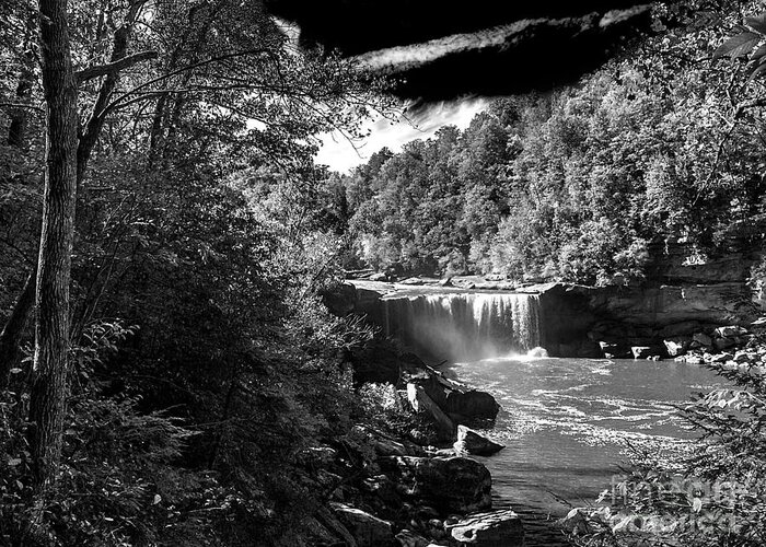 Landscape Greeting Card featuring the photograph Cumberland Falls Seven BW by Ken Frischkorn