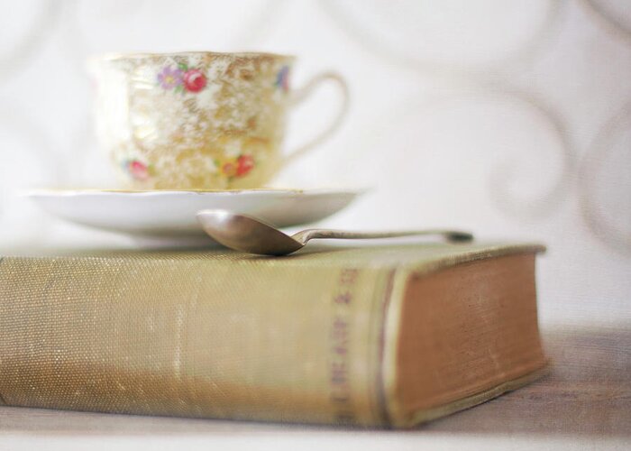 Spoon Greeting Card featuring the photograph Cup Of Tea And Book by Sharon Lapkin