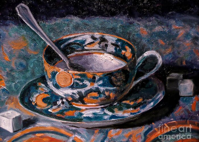 Oil Painting Greeting Card featuring the painting Cup of Tea and Sugar Cubes by Amy Fearn