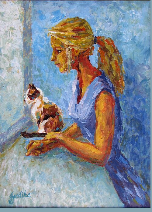 Girl And Cat Greeting Card featuring the painting Curiosity by Jyotika Shroff