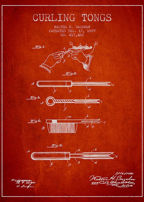 Hair Curling Greeting Card featuring the digital art Curling Tongs patent from 1889 - Red by Aged Pixel