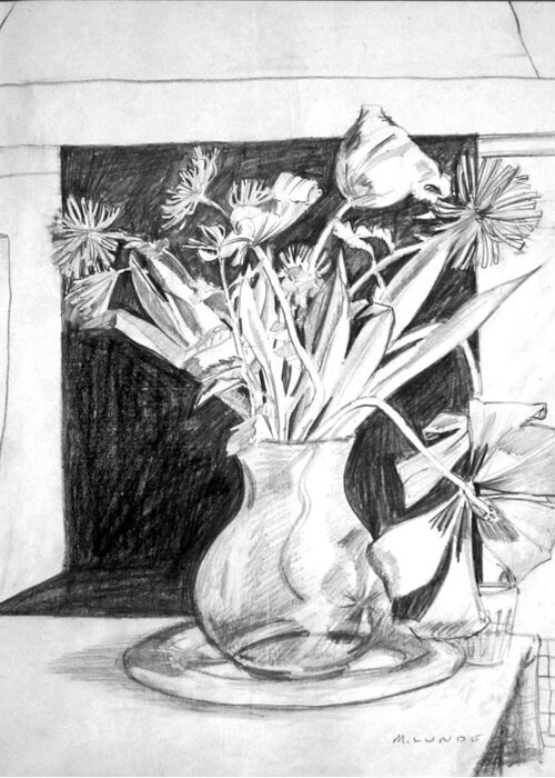 Floral Drawing Greeting Card featuring the drawing Cut Flowers and fireplace by Mark Lunde