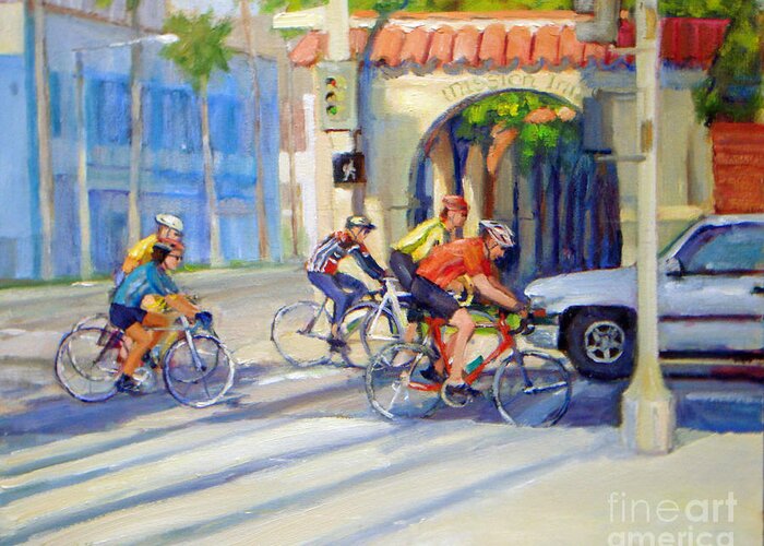 Cityscape Greeting Card featuring the painting Cycling Past The Archway by Joan Coffey