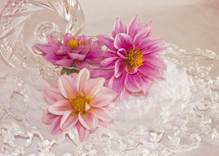 Dahlias Greeting Card featuring the photograph Dahlias And Lace by Sandra Foster