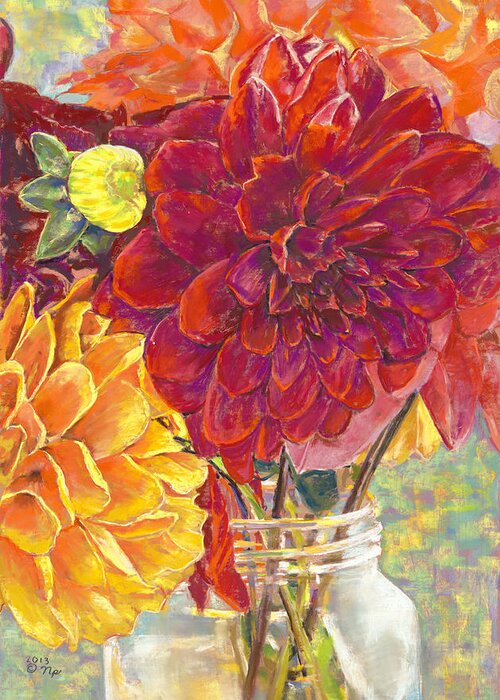 Birdseye Art Studio Greeting Card featuring the painting Dahlias in a Canning Jar by Nick Payne
