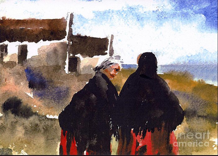 Val Byrne Greeting Card featuring the painting Daily Chat on Aran by Val Byrne