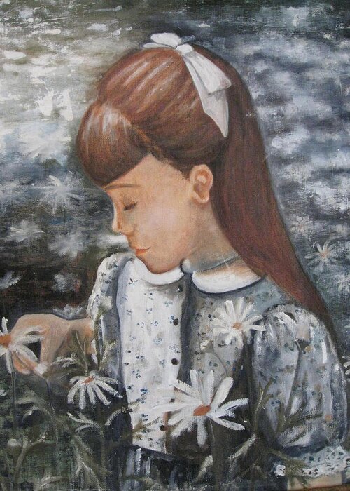 Little Girl And Flowers. Greeting Card featuring the painting Daisey Girl by Lucille Valentino