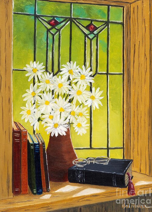 Stained Glass Greeting Card featuring the painting Daisies and Stained Glass Window by Val Miller