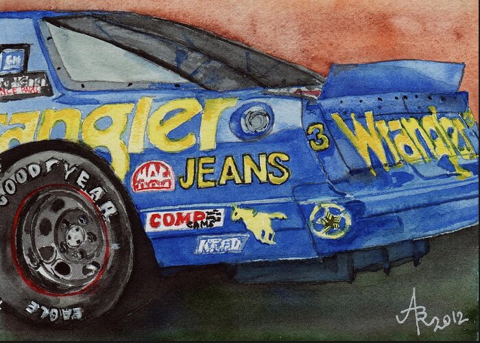 Blue Greeting Card featuring the painting Dale Earnhardt's 1987 Chevrolet Monte Carlo Aerocoupe No. 3 Wrangler by Anna Ruzsan