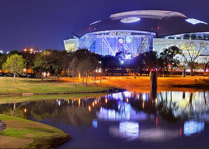 Dallas Cowboys Stadium At Night Att Arlington Texas Panoramic Photo Greeting Card For Sale By Jon Holiday