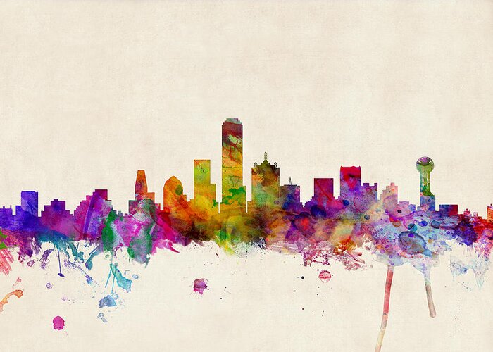 Watercolour Greeting Card featuring the digital art Dallas Texas Skyline by Michael Tompsett