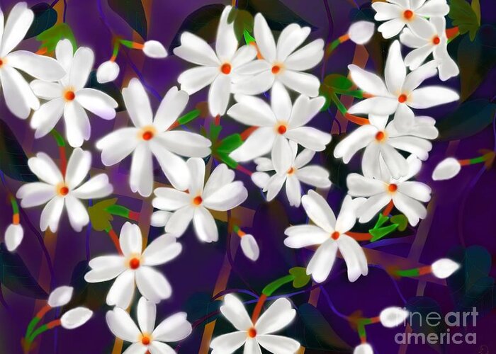 Coral Jasmines Greeting Card featuring the digital art Dancing coral jasmines by Latha Gokuldas Panicker