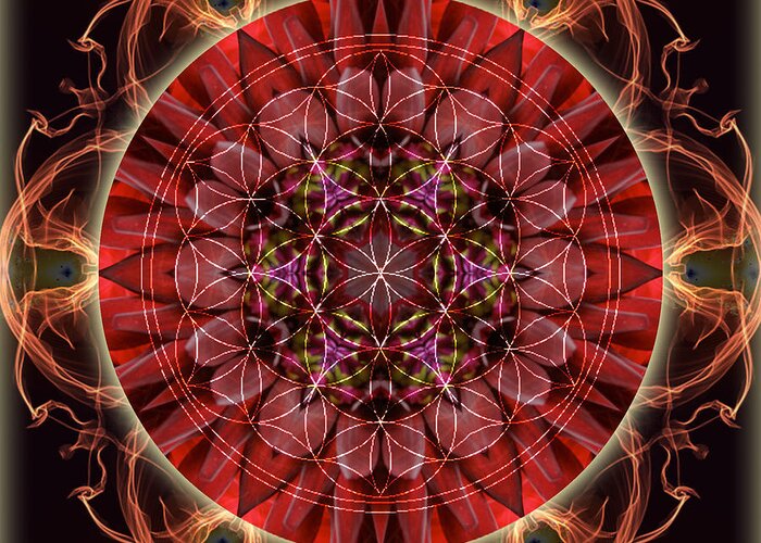 Mandala Greeting Card featuring the mixed media Dancing with the Solar Flares by Alicia Kent
