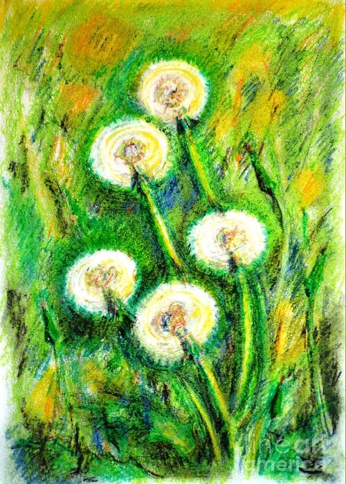 Dandelions Greeting Card featuring the painting Dandelions by Zaira Dzhaubaeva