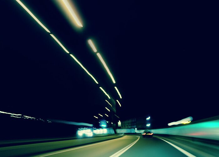 Car Interior Greeting Card featuring the photograph Dark Highway At Night, With Streaks Of by 77studio