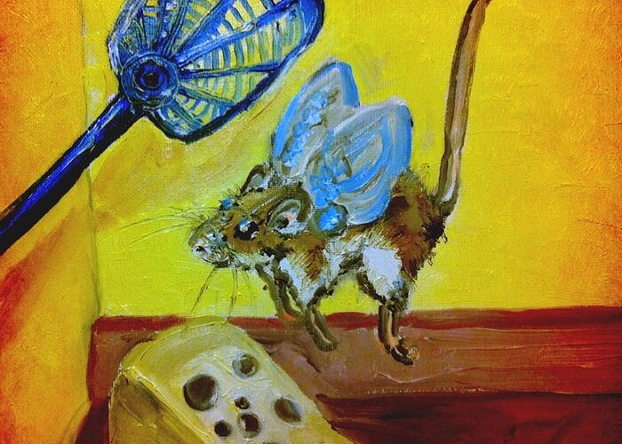 Surrealism Greeting Card featuring the painting Darn Mouse Flies on Swiss by Alexandria Weaselwise Busen