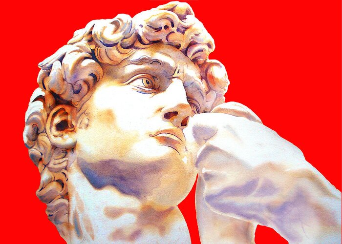 David Greeting Card featuring the painting T H E . D A V I D . Michelangelo IN RED by J U A N - O A X A C A