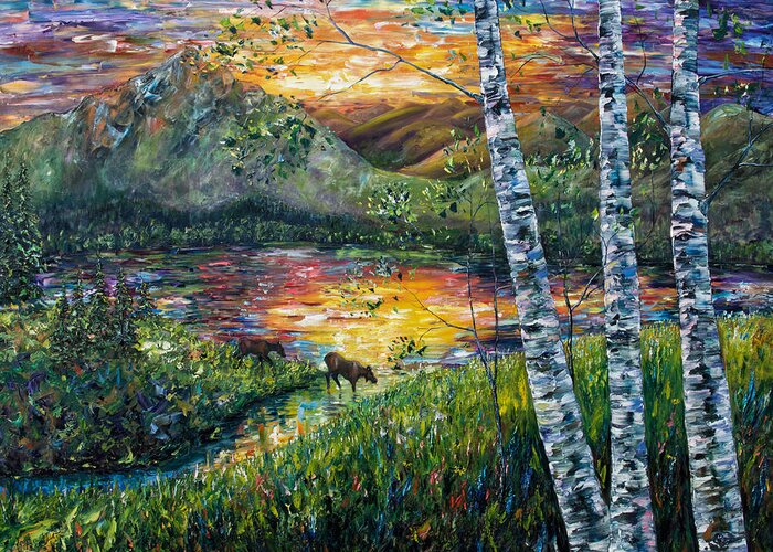 Palette Knife Art Greeting Card featuring the painting Dawn's early light by Lena Owens - OLena Art Vibrant Palette Knife and Graphic Design