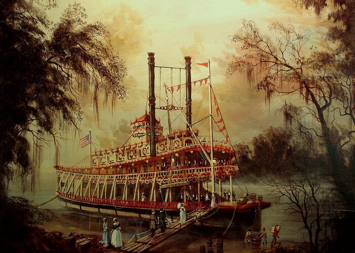 Riverboat Greeting Card featuring the painting Daybreak on the River by Tom Shropshire
