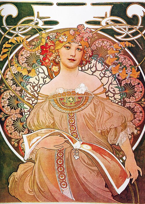 Alphonse Mucha Greeting Card featuring the painting Daydream by Alphonse Mucha