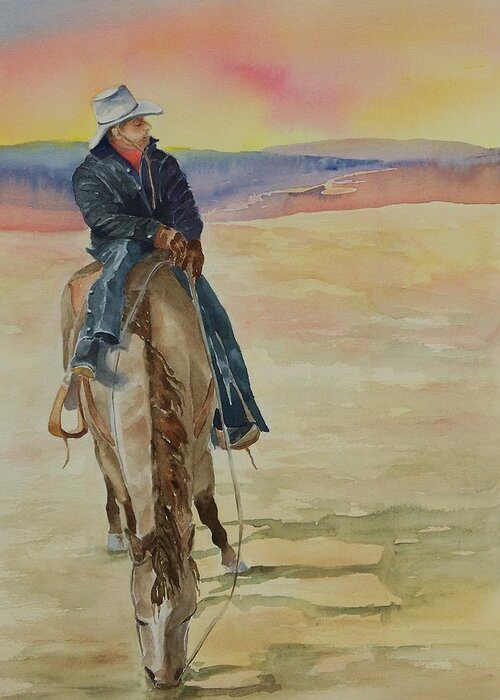 Cowboy Greeting Card featuring the painting Day's End by Celene Terry