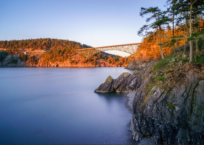 Washington Greeting Card featuring the photograph Deception Pass Bridge at Sunset by Ken Stanback