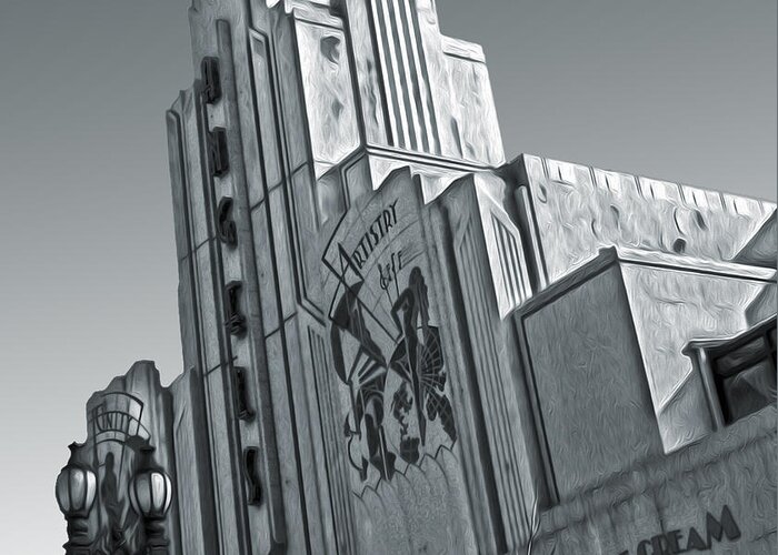 Pasadena Greeting Card featuring the painting Deco Building in black and white by Gregory Dyer