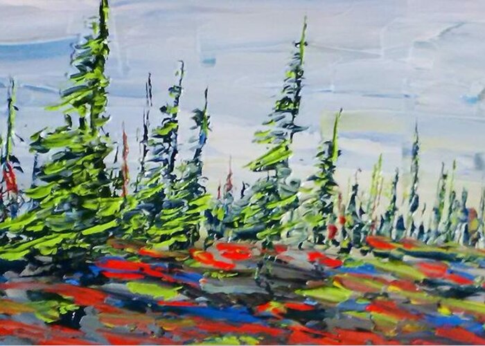 Impressionist Northern Landscape Canadian Abstract Group Of Seven Greeting Card featuring the painting Decorative Churchill Tree Line by Desmond Raymond