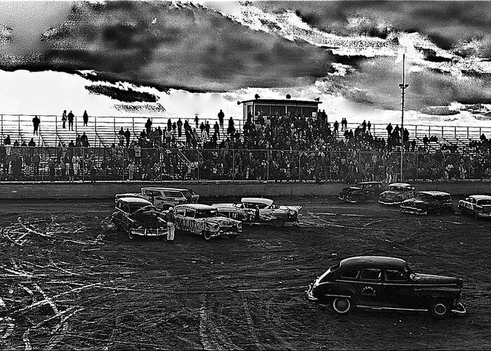 Demolition Derby Rain Storm Clouds Tucson Arizona 1968 Black And White Greeting Card featuring the photograph Demolition Derby rain storm clouds Tucson Arizona 1968 by David Lee Guss