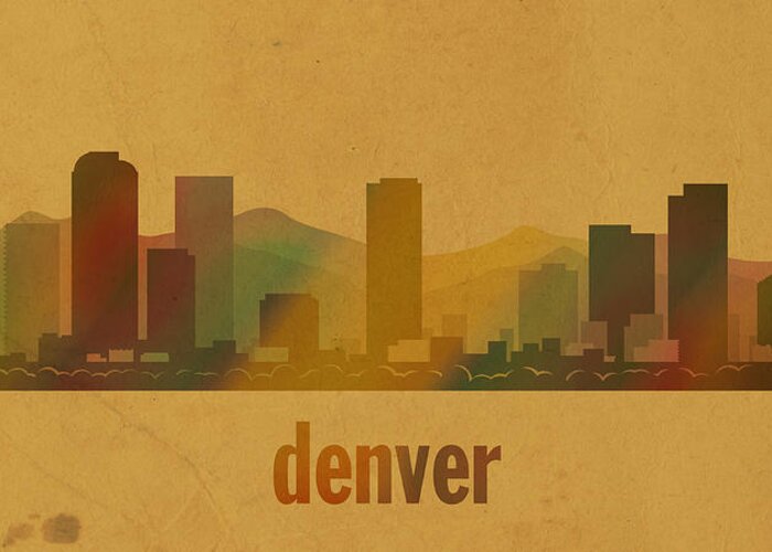 Denver Greeting Card featuring the mixed media Denver Colorado Skyline Watercolor On Parchment by Design Turnpike