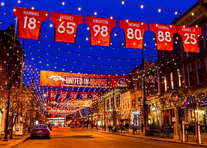 Blue Greeting Card featuring the photograph Denver Larimer Square Blue Hour NFL United in Orange by Teri Virbickis