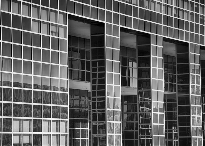 Denver Greeting Card featuring the mixed media Denver Skyscraper Reflections 2 BW by Angelina Tamez