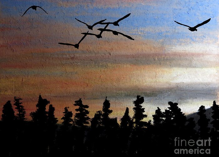 Illuminated Night Waterfowl Stopover Rugged Northern Migratory Migration Wildlife Vast Spaces Outdoors Outdoor Masculine Manly Male Kyllo Hunting Hunt Giant Canada Canadian Honker Goose Geese Artwork Art Forest Cold Pine Fir Spruce Silhouette Painting Landing Flyway Wilderness Wild Sunset Sundown Skyscape Sky Scenic Scene Migrating Luminous Luminism Late Landscape Beautiful Flight Glide Birds Bird Graceful Pastel Watercolor Greeting Card featuring the painting Departure by R Kyllo